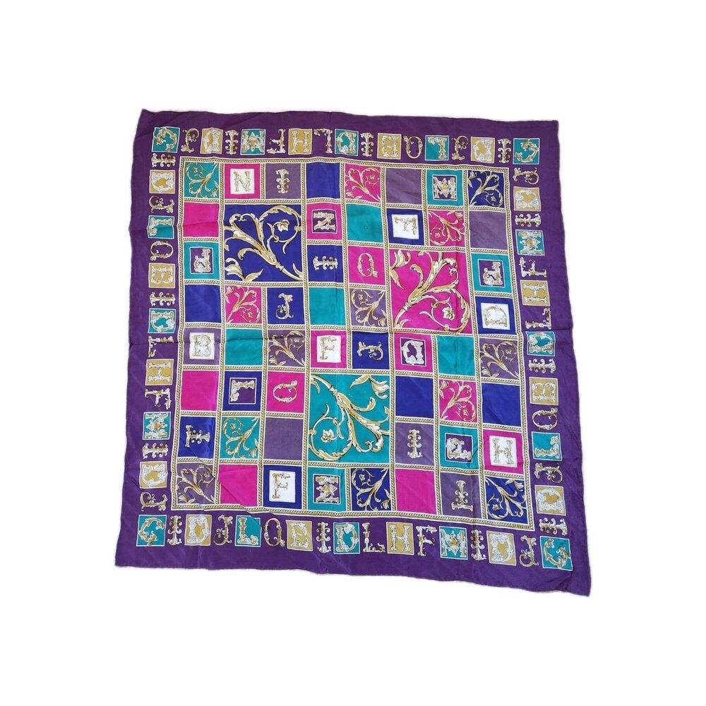 VTG Georgiou 100% Silk Scarf Purple Pink Blue Geometric Letter Print 34x33 GUC